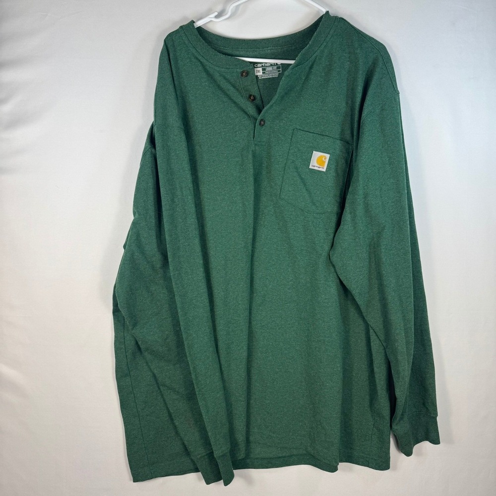 Carhartt Mens 2XL Loose Fit Henley Long Sleeve Pocket T-Shirt Green K128 G55